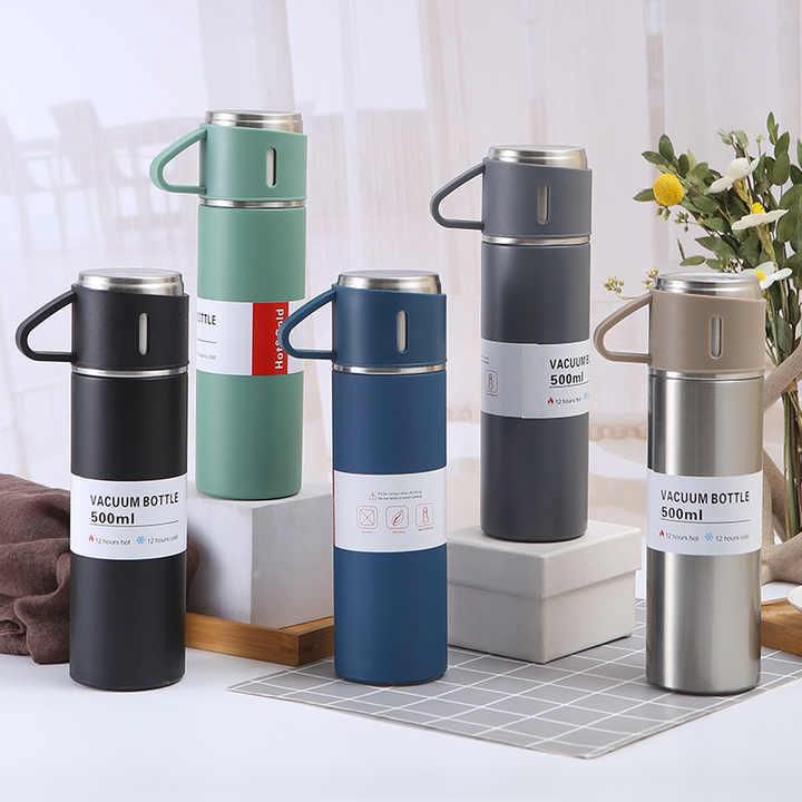 Stainless Steel Vacuum Flask Set – 500ml Double Wall Thermos Bottles, Leak-Proof Insulated Hot & Cold Drink Flask Gift Set for Travel, Office, School, and Outdoor Use