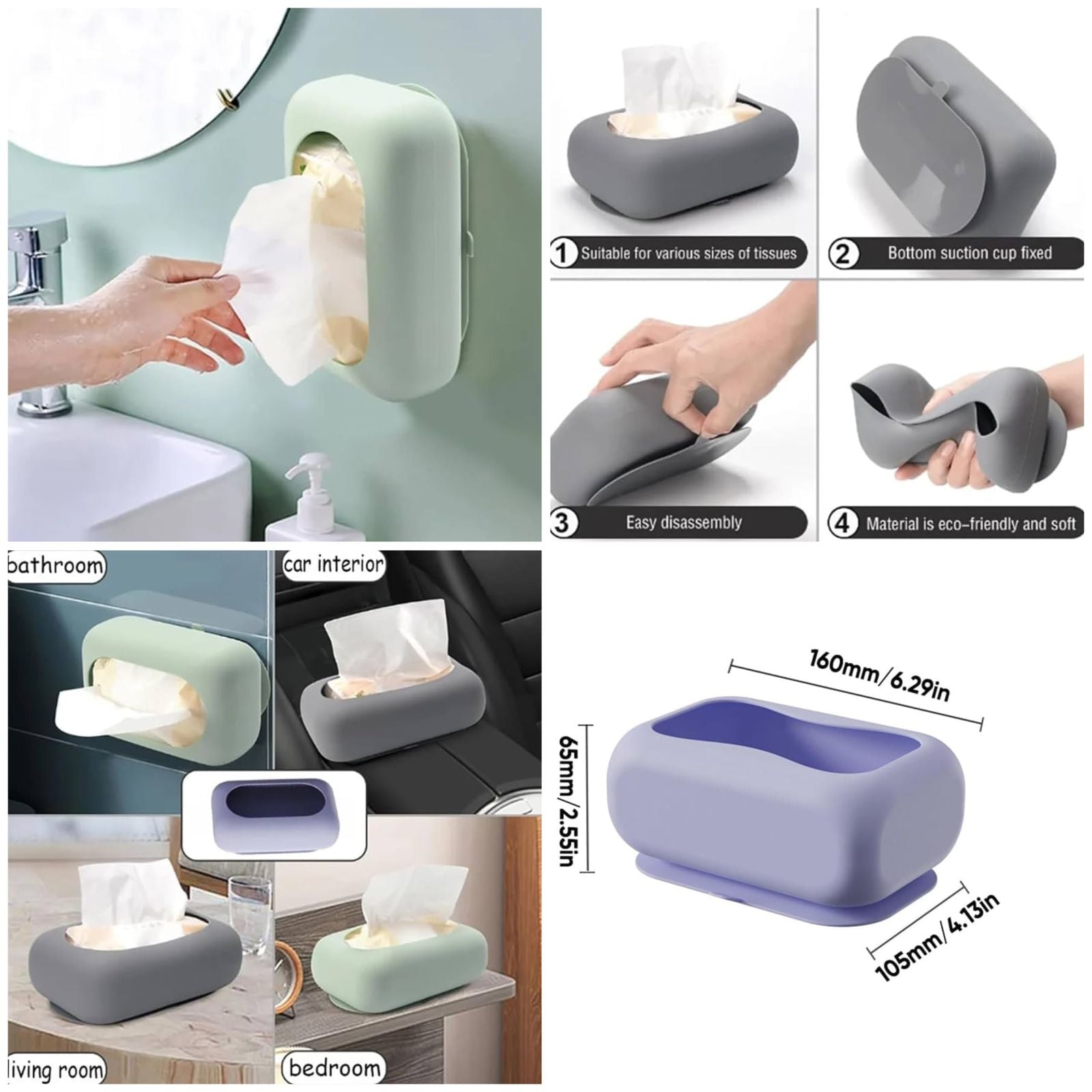 Silicone Suction Tissue Box – Wall-Mounted Bathroom & Kitchen Tissue Holder, Reusable Suction Cup Design for Wet and Dry Surfaces, Compact and Hygienic Storage